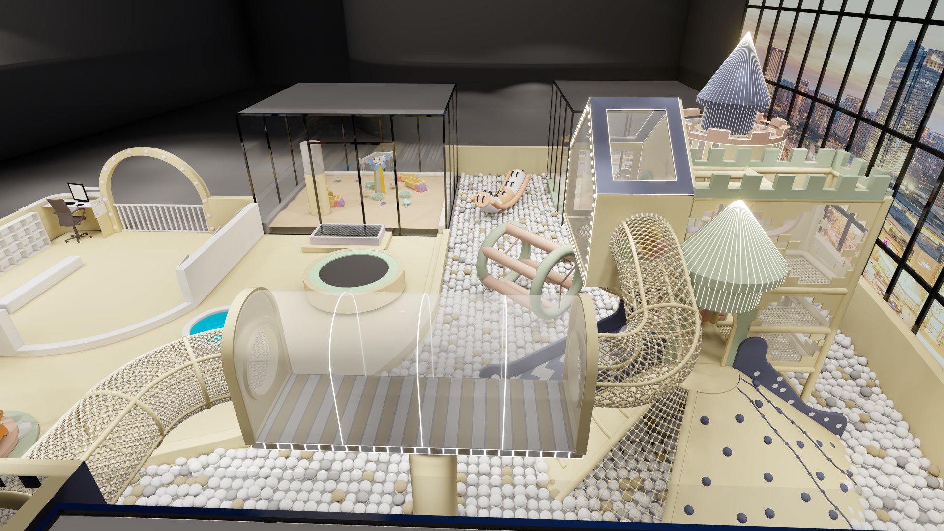 Inclusive indoor play centre layout with side-by-side play events for mixed-ability groups