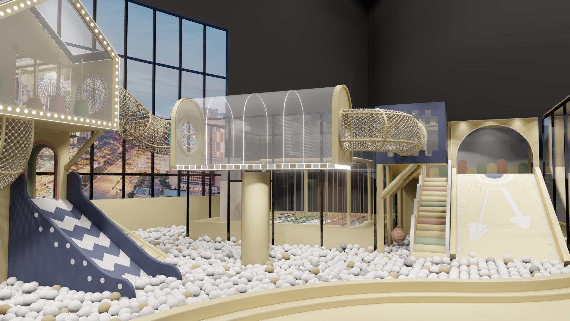 Indoor play area zoned for five to eight year olds with climbing and slide activities